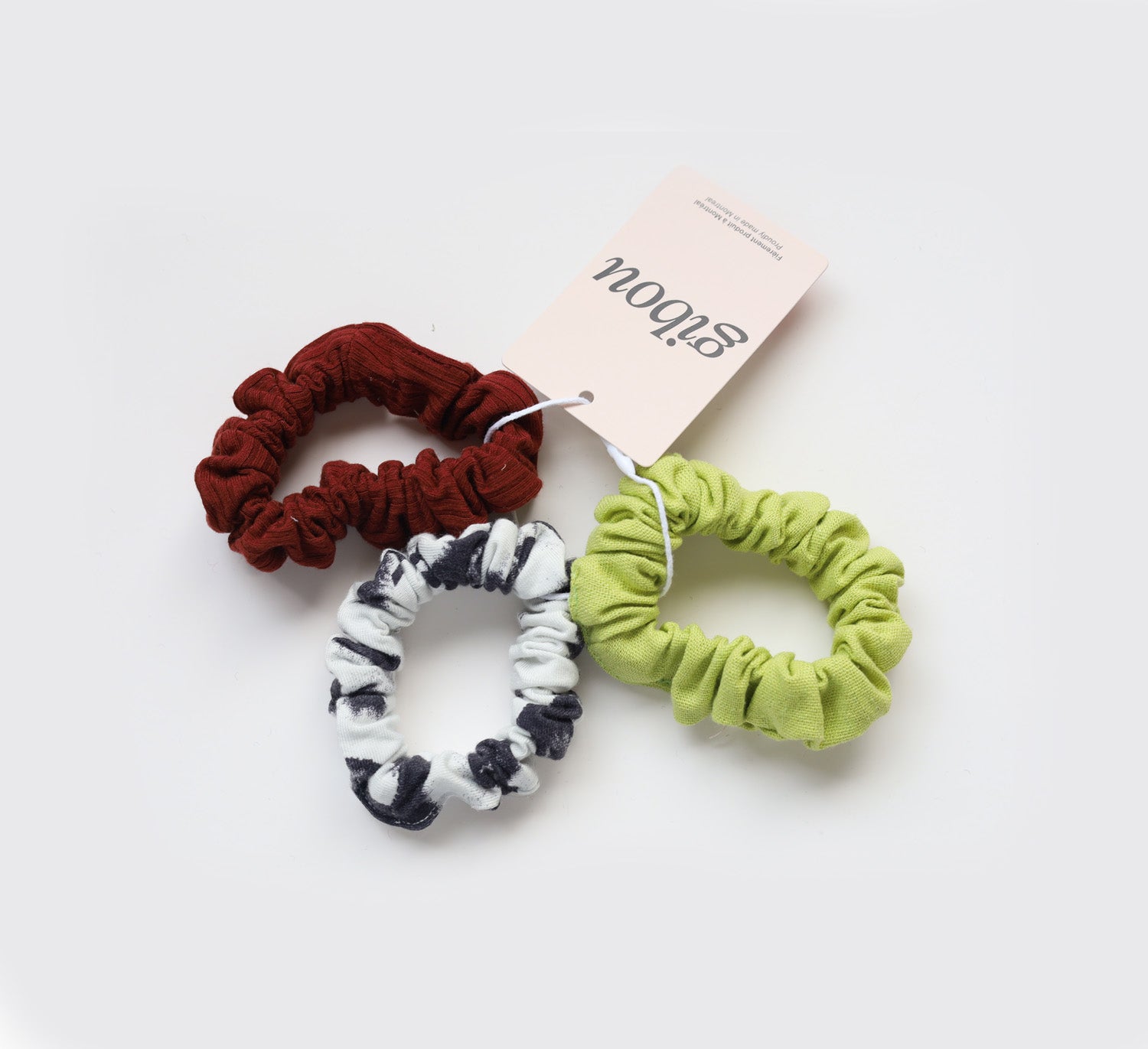 Trio of mini scrunchies made from upcycled fabric