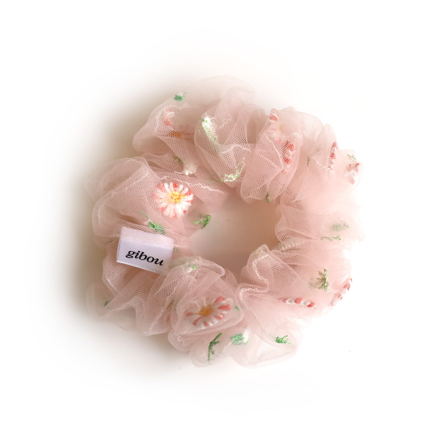 Crinkled scrunchie with embroidered flowers