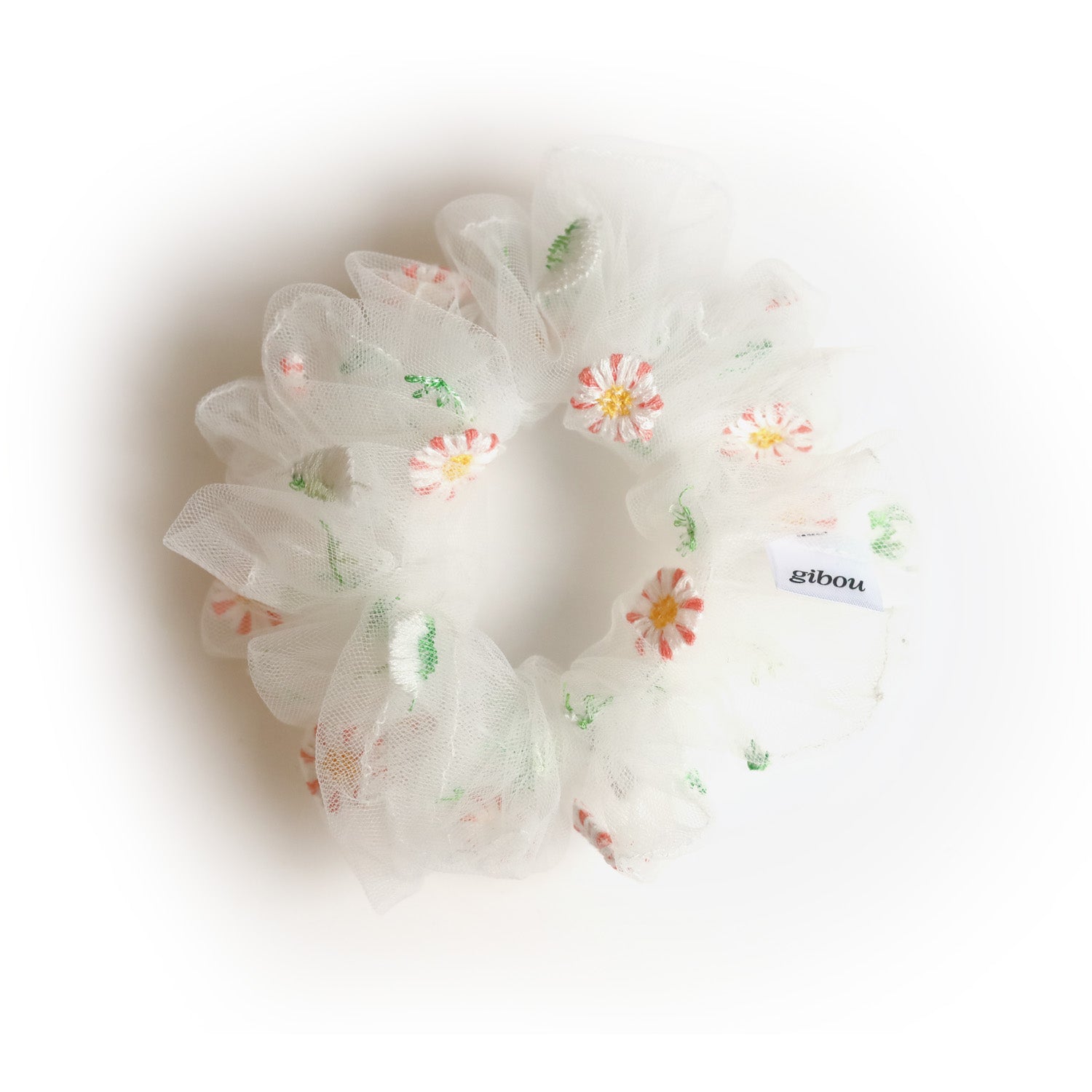 Crinkled scrunchie with embroidered flowers